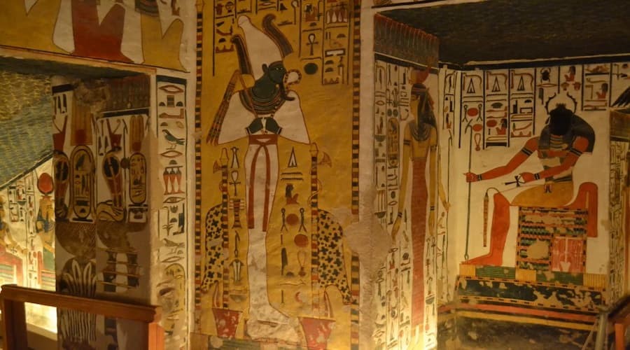 Desert landscape of the Valley of the Queens in Luxor with tomb entrances carved into cliffs